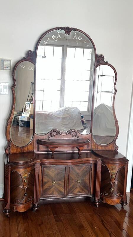 Antique Wooden Vanity Dresser, Chest of Drawers & Twin Bed Frame