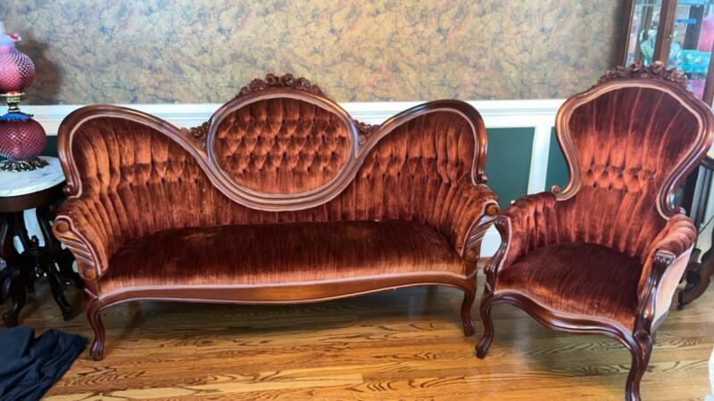 Velvet Victorian Parlor Sofa & Matching Parlor Chair