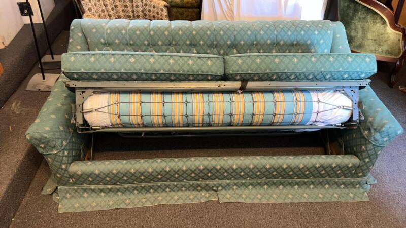 Green Patterned Sleeper Sofa & Two Rockers
