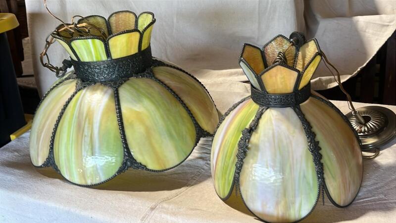 Vintage MCM Slag Glass Hanging Swag Lamps (2)