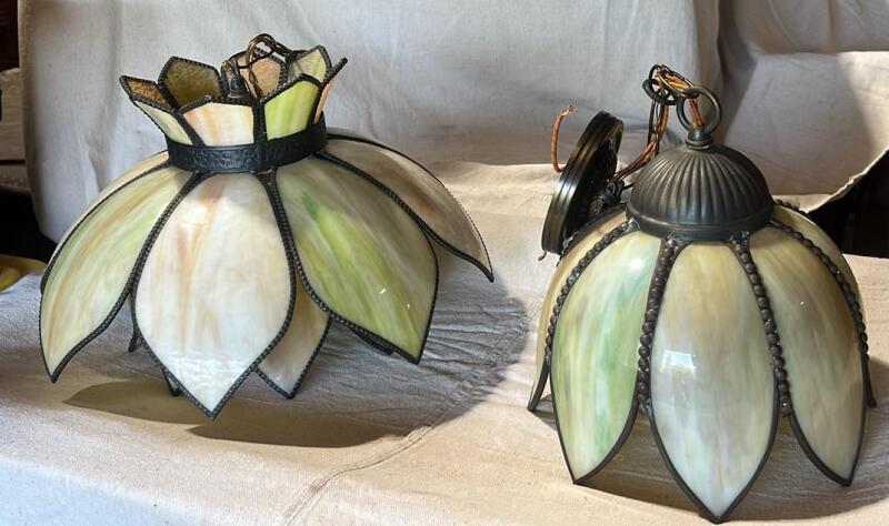 Vintage MCM Slag Glass Hanging Swag Lamps (2)