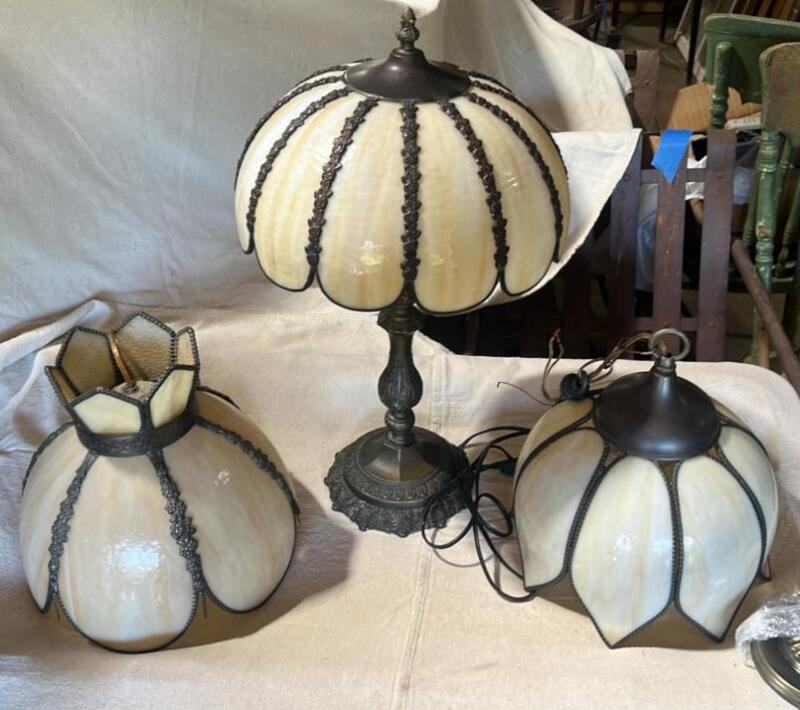 Vintage MCM Slag Glass Table Lamp & Hanging Swag Lamps