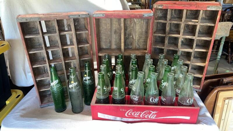 Vintage Coca Cola & Sprite Bottles w/ Wooden Display Crates