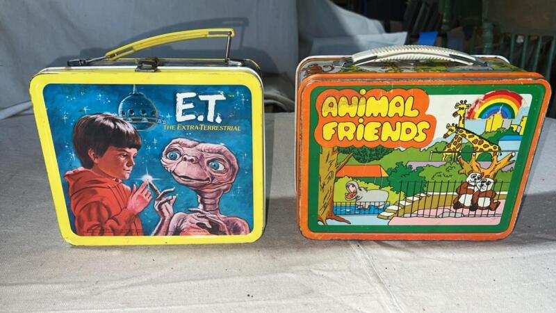 Vintage Metal E.T. Lunchbox & Thermos w/ Metal Animal Friends Lunchbox