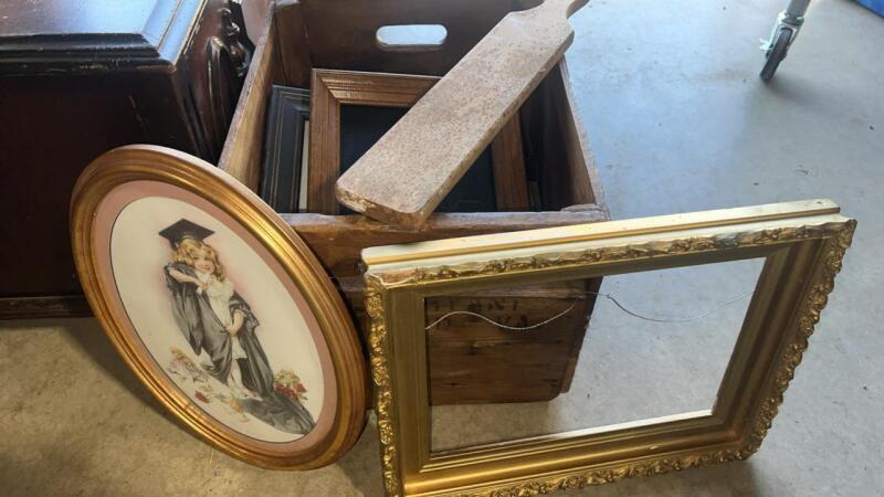 Vintage Wooden Crate, Paddle & Picture Frames