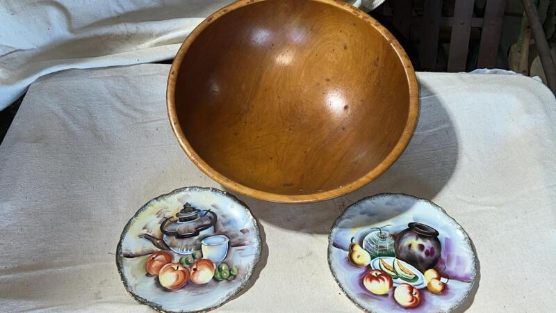Vintage Wooden Dough Bowl & Porcelain Hanging Plates (2)