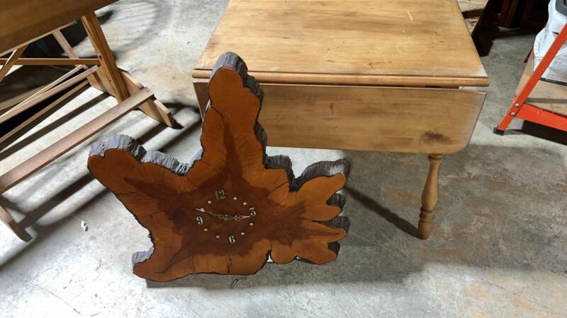 Live Edge Cypress Wood Wall Clock & Drop Leaf Side Table