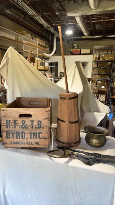 Vintage Slatted Wooden Apple Crate, Wooden Butter Churn, Spittoon & More
