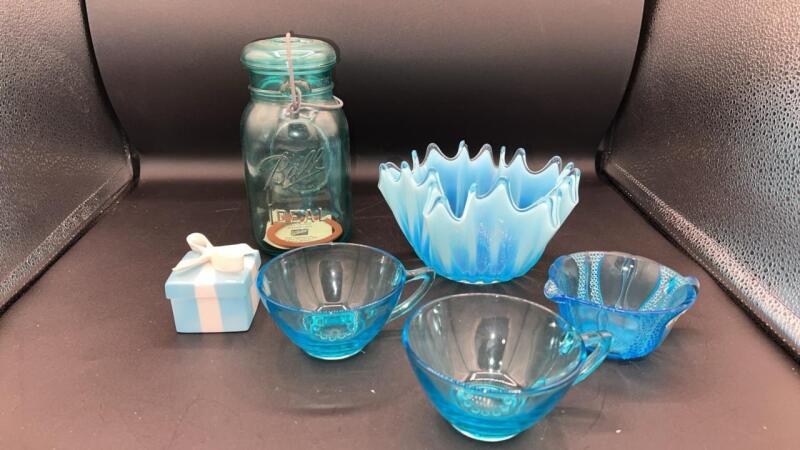 Vintage Blue Glass (Glows) Ball Jar and Tiffany Candle