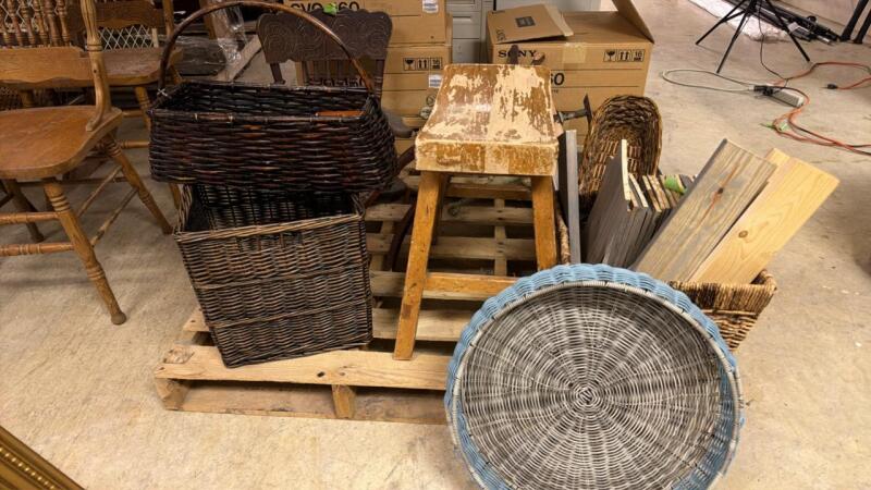 Pallet of Furniture Parts, Baskets and Wood Stool