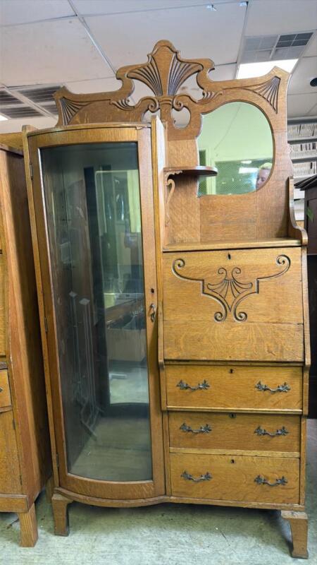 Victorian-Style Oak Side-by-Side Secretary Desk & Curio Bookcase