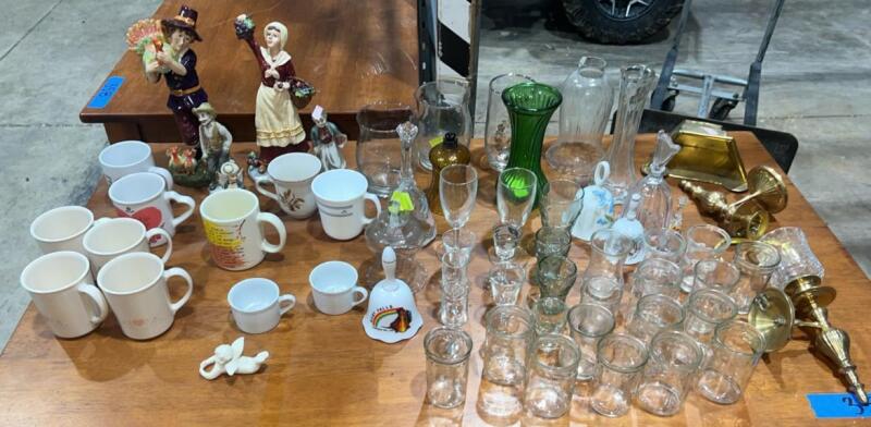 Ceramic Mugs, Figurines, Glassware & Brass Candlesticks