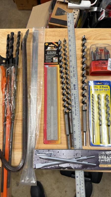 Drill, bits, crowbar, and others