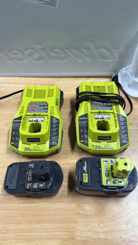 Two Ryobi chargers and batteries