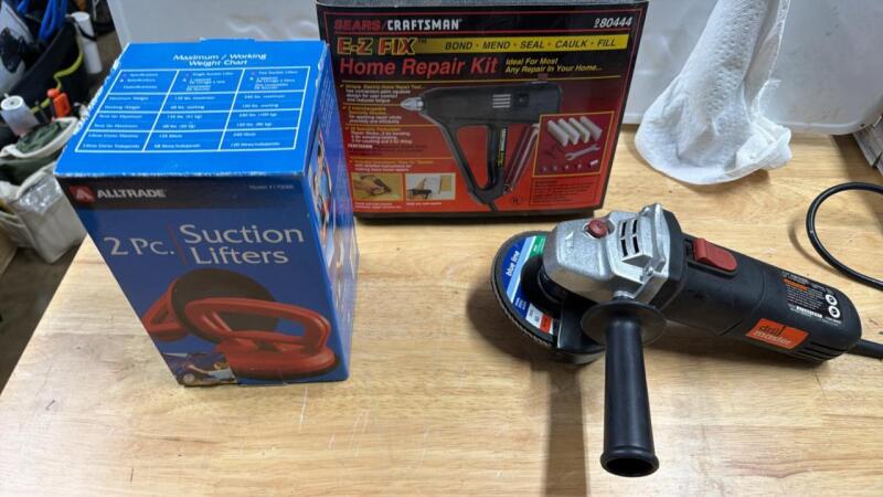 Angle grinder home repair kit and suction lifters