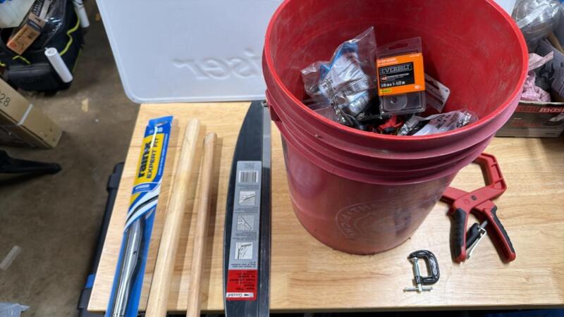 Bucket of miscellaneous fasteners, and items