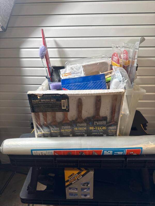 Paint supplies, brushes, and sprayer
