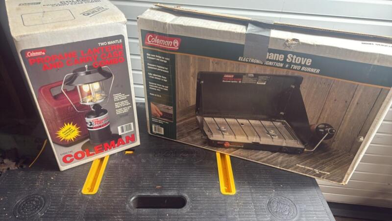 New in box Coleman lantern and carrying case combo, Coleman propane stove, two burners