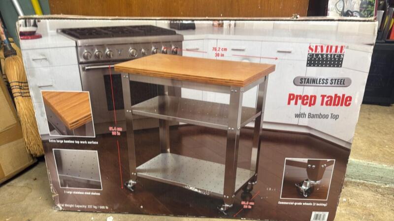 New in Box Stainless steel prep table with bamboo top
