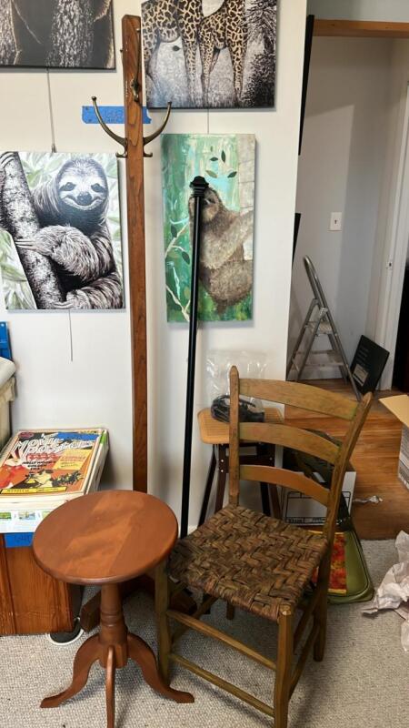 Chair, Work Stool, Round Side Table & Wooden Standing Coat Rack