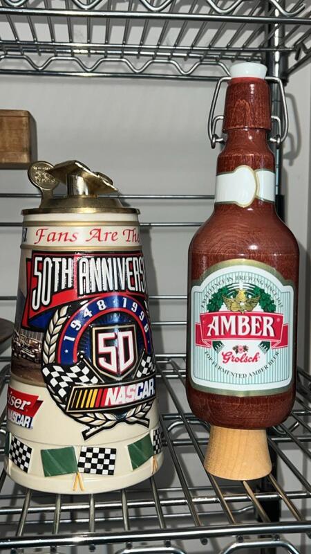 Grolsch Amber Beer Tap Handle & Budweiser NASCAR 50th Anniversary Lidded Stein