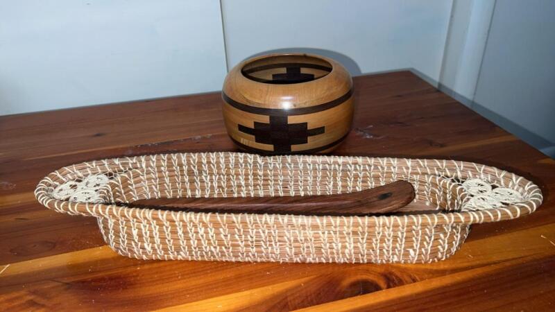 Oval Coiled Basket, Wooden Incense Holder & Wooden Bowl