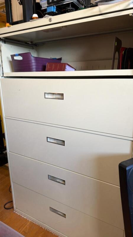 Two large metal filing cabinets, small filing cabinet side drawers and ask