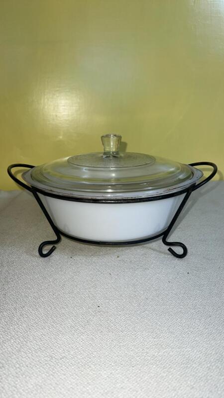 White Glasbake casserole dish with metal stand