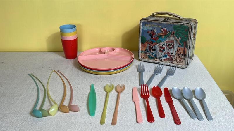 Vintage Mickey Mouse Metal Lunchbox & Plastic Picnic Items