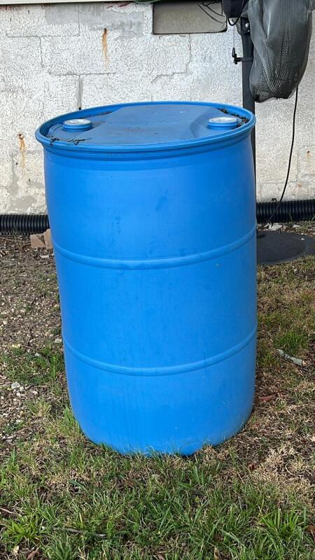 55-gallon blue plastic drum