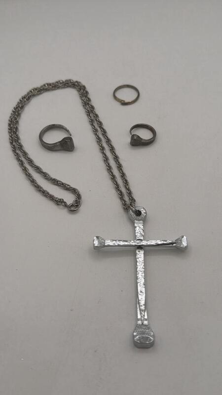 Rugged cross necklace and nail rings
