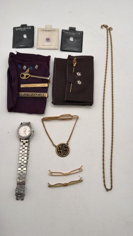Tie tacks, watch, stones, necklace